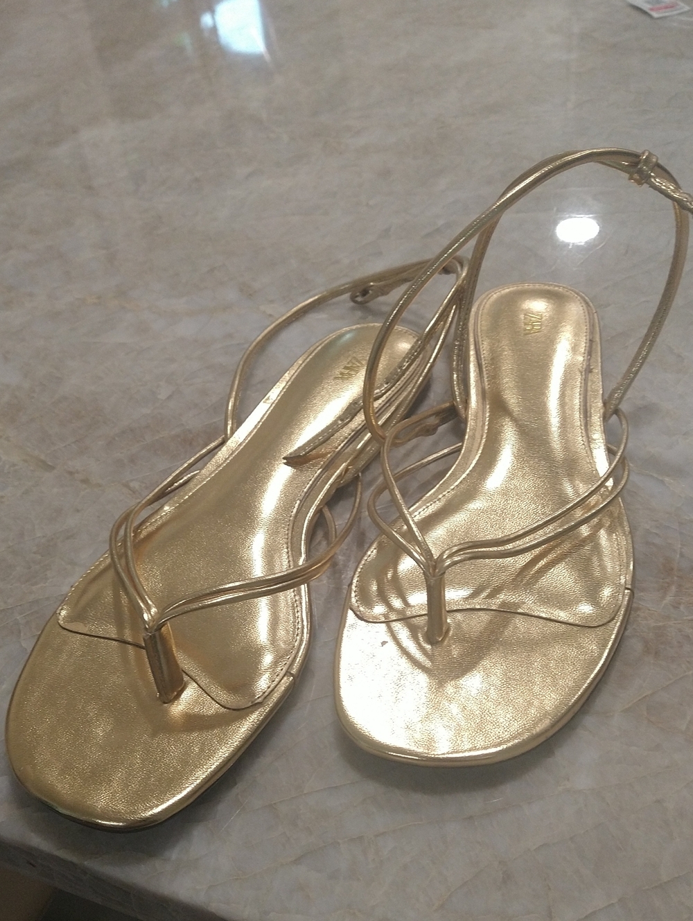Zara  39 Metallic Gold Slim-Strap Ankle Wrap Sandals Sz 9